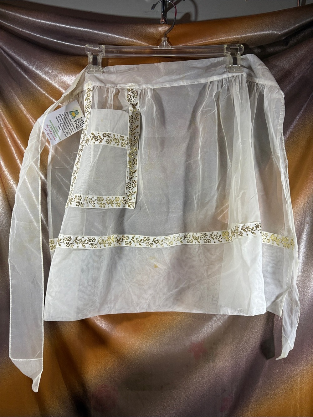 Vintage Sheer White Organza Half Apron with Gold Floral Trim 411